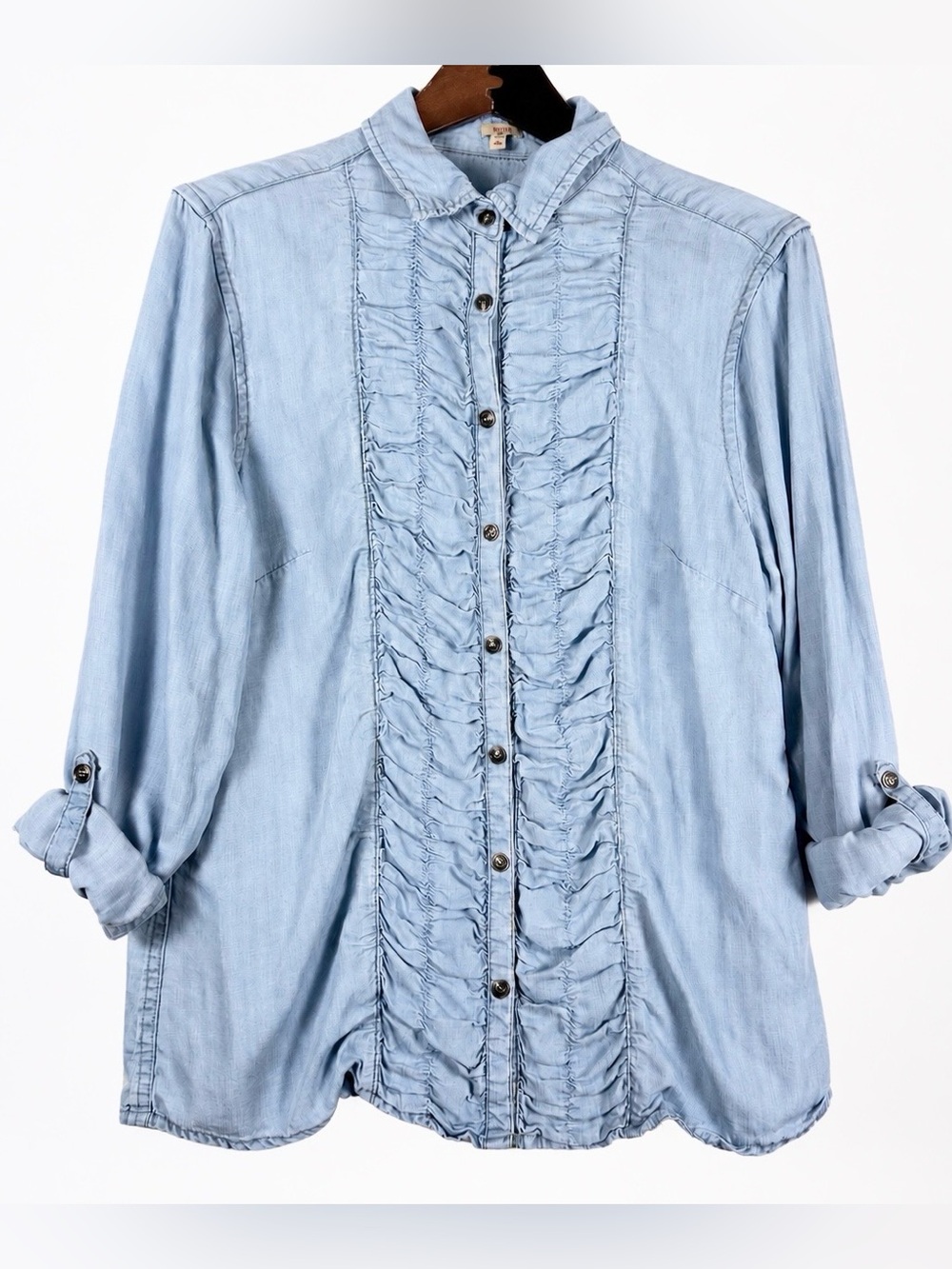 Reba Light Wash Tencel Chambray Ruched Western Shirt L